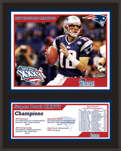 Patriots Super Bowl XXXVI Champions plaque featuring Tom Brady
