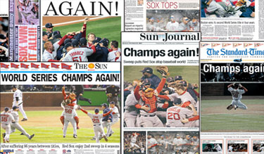 Newspaper headlines from Red Sox World Series win